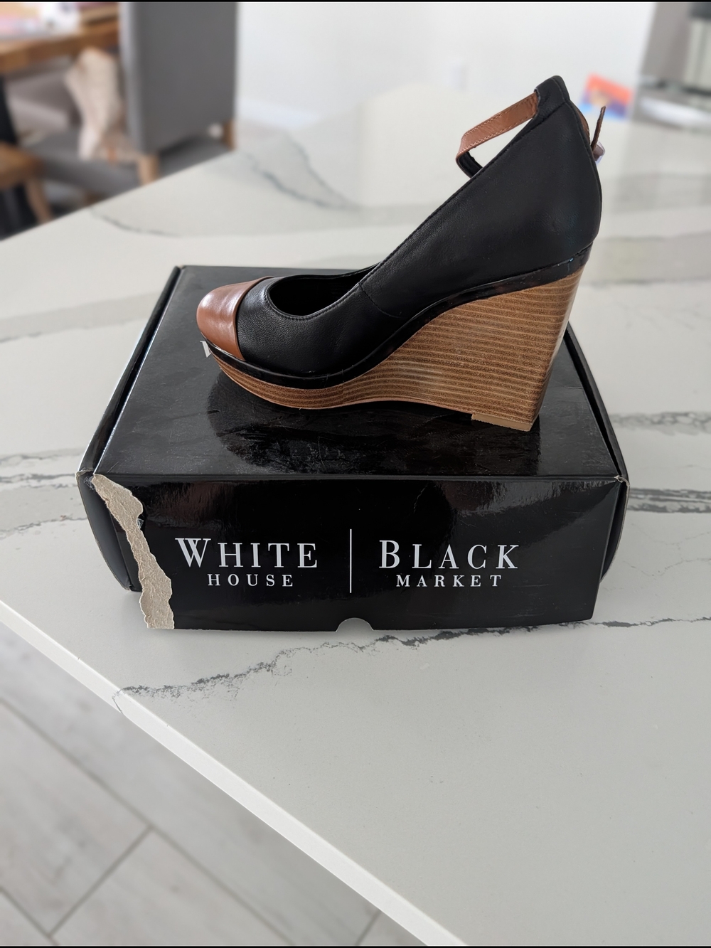 White House Black Market Black and Brown Leather Wedge Pump